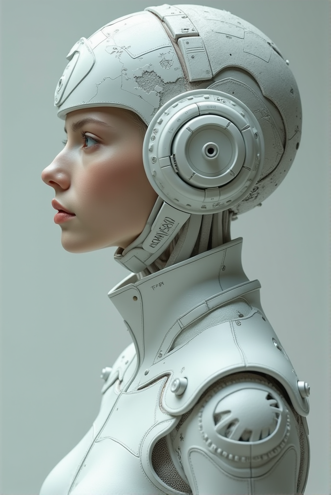 A side profile of a human wearing a sleek, futuristic helmet and armor, featuring intricate and smooth surfaces with geometric patterns.