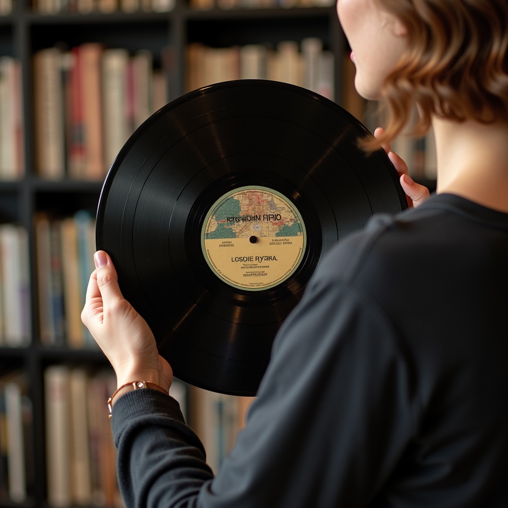 A person holds a vinyl record. Background features a library filled with books. Soft natural lighting enhances the scene.