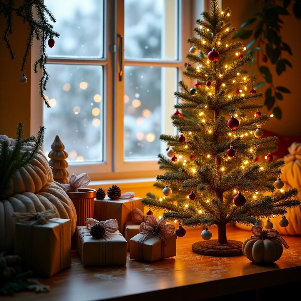 A cozy indoor scene featuring a beautifully decorated Christmas tree with warm lights. Eco-friendly decorations are placed around the tree along with wrapped gifts. The window reveals a snowy landscape outside, adding to the festive atmosphere.