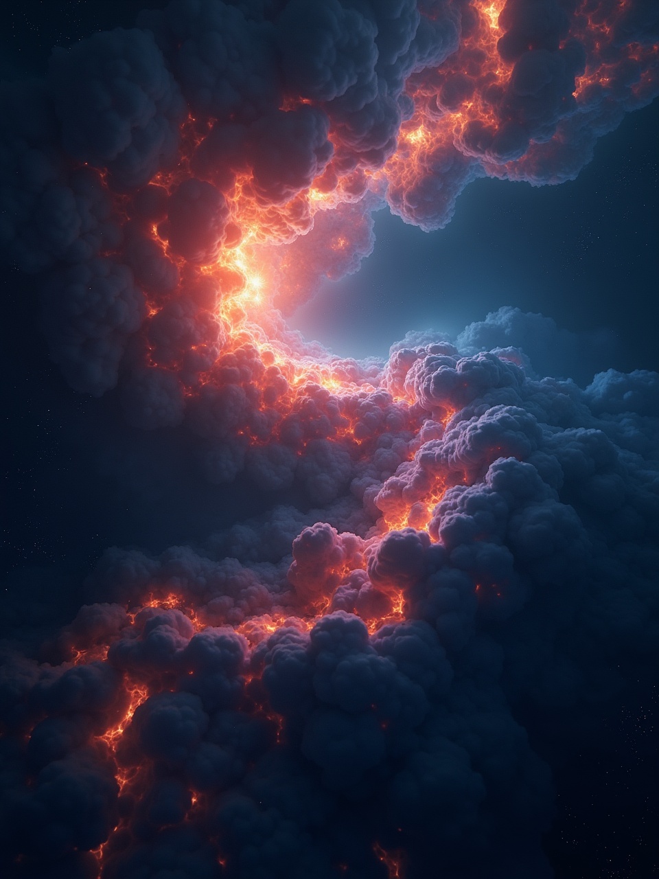 This image depicts a dramatic cosmic scene filled with swirling clouds and intense fiery highlights. The center glows with an orange and red light, resembling a celestial event. Dark blue and gray clouds surround the fiery core, creating a contrast that adds depth. The lighting creates a sense of movement and dynamism, as if the clouds are swirling. This abstract representation captures the beauty of cosmic phenomena and evokes a sense of wonder.