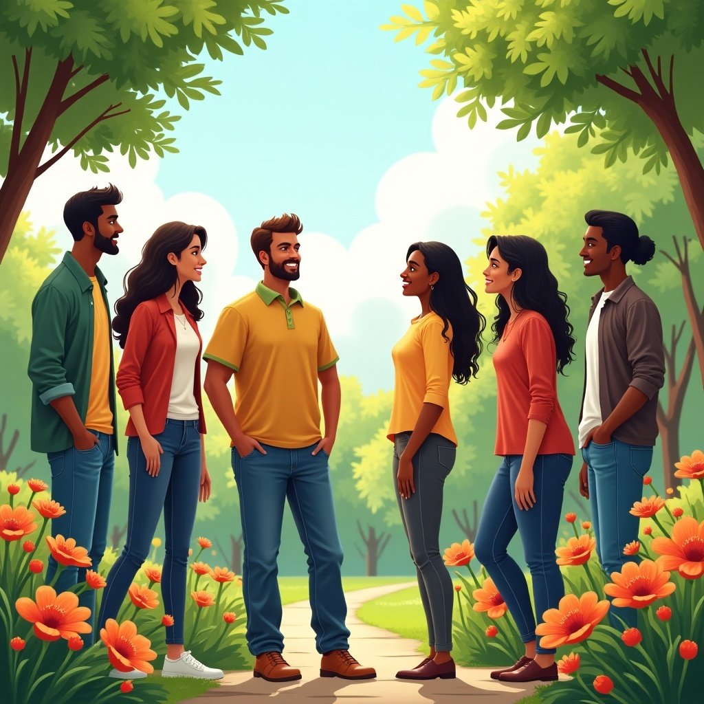 A diverse group of individuals standing together in a vibrant outdoor scene. The setting features bright flowers and green trees. The individuals are smiling and engaged in conversation, portraying a sense of community and joy.