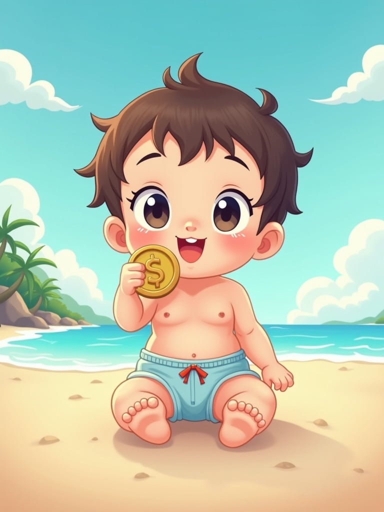 Cute baby human styled as anime character. Character holds a coin. Beach surroundings with palm trees and ocean background. Bright sunny day setting.