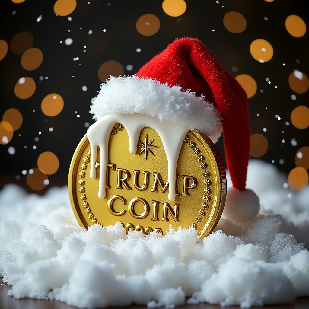 Image of a golden coin named Trump Coin. Coin with a Santa hat and white liquid on top. Set in snow with a festive background. Christmas theme emphasized.