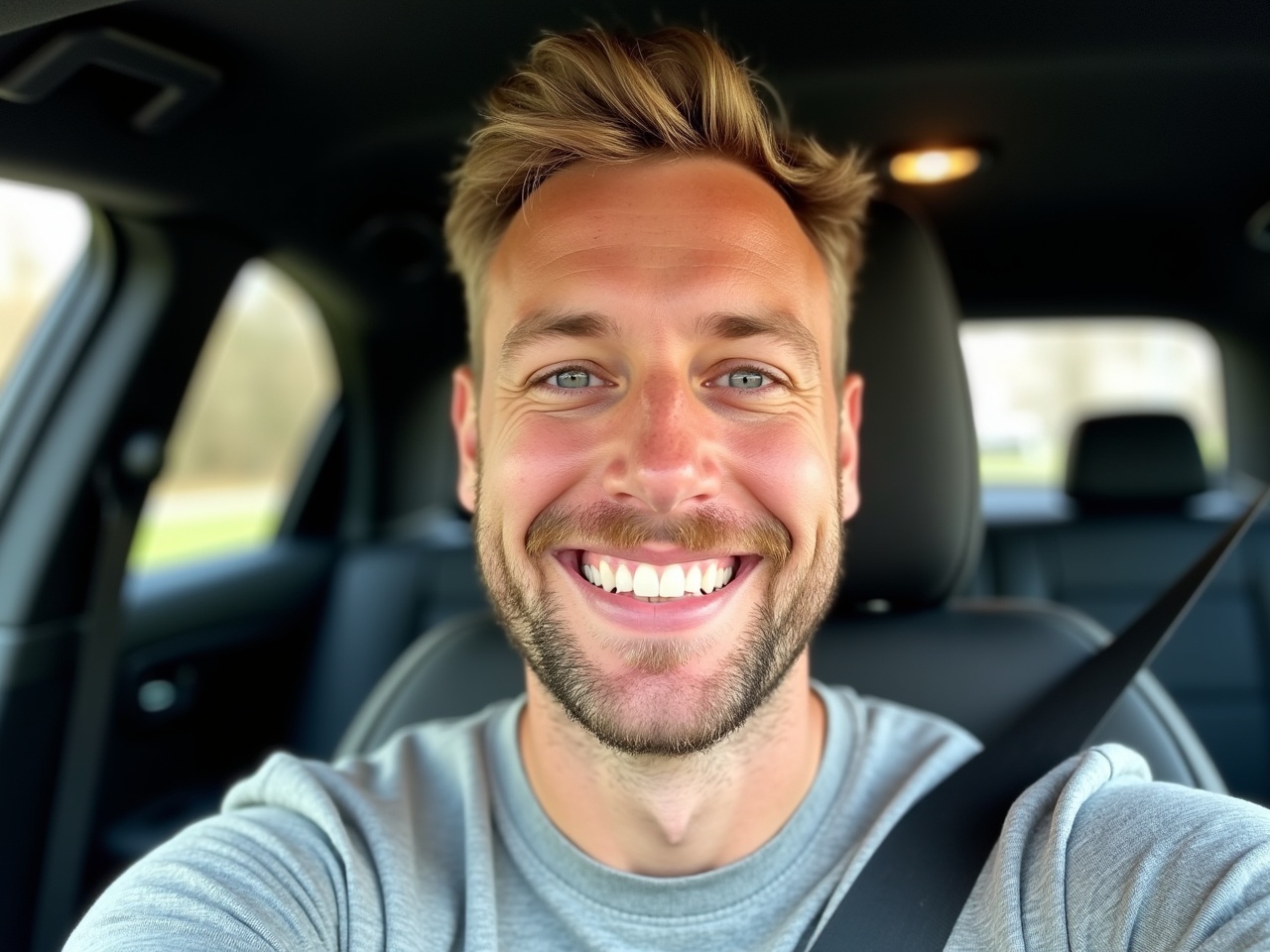 A man is taking a selfie in the front seat of his car. He has a big smile on his face, showcasing his friendly demeanor. The interior of the car is visible in the background, with the steering wheel and dashboard subtly in frame. The lighting highlights his blonde hair and gives a warm tone to the image. The setting feels casual and relaxed, capturing a moment of joy.