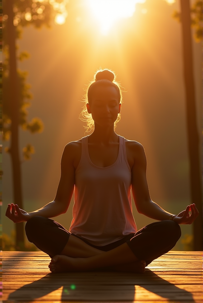 A person is meditating outdoors during sunset.