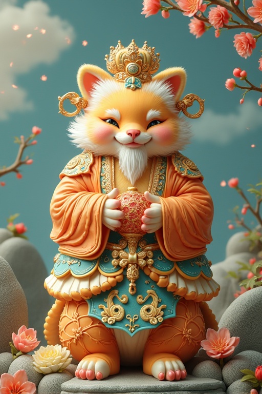 A vibrant illustration of a cute cat character dressed elaborately, holding a decorative object. The scene is infused with elements from traditional Chinese festivals, embodying themes of spring and good fortune.