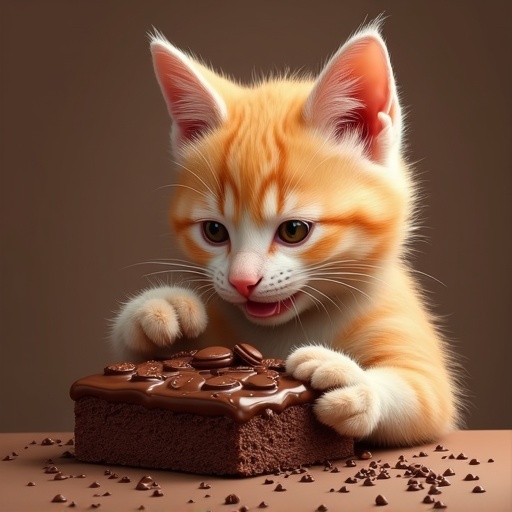 An adorable cat holds a chocolate bar. The cat has chocolate smudges around its mouth. Illustration without background.