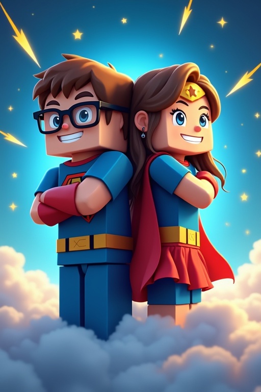 Two children dressed as superheroes stand back to back. One child wears glasses. They look cheerful and confident. Vibrant royal blue background with yellow lightning bolts and stars. Cloud effect around their lower bodies symbolizes strength and determination.