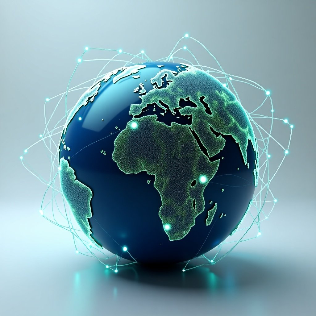 The image features a 3D representation of the Earth with intricate digital connection lines linking various continents. It highlights the continents of Africa, Asia, Europe, and others with pulsing gradient colors in blue and green. The globe itself appears futuristic, embodying technology and global connectivity. The connection lines stretch outwards, signifying data flows and interactions between different parts of the world. The background is kept minimalistic to emphasize the central globe and its connections.