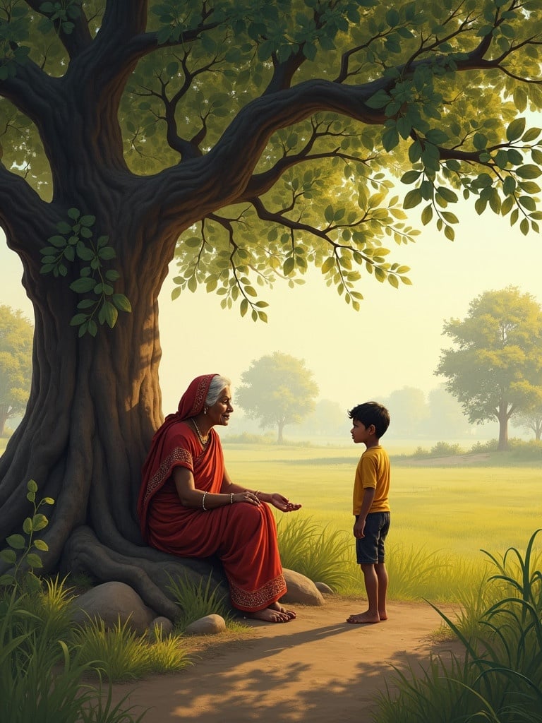 An old lady wearing a red sari sits under a large tree. A young boy stands in front of her. The scene shows a rural Indian village setting. Soft sunlight filters through the leaves. Grass surrounds them. Their interaction displays warmth and connection.