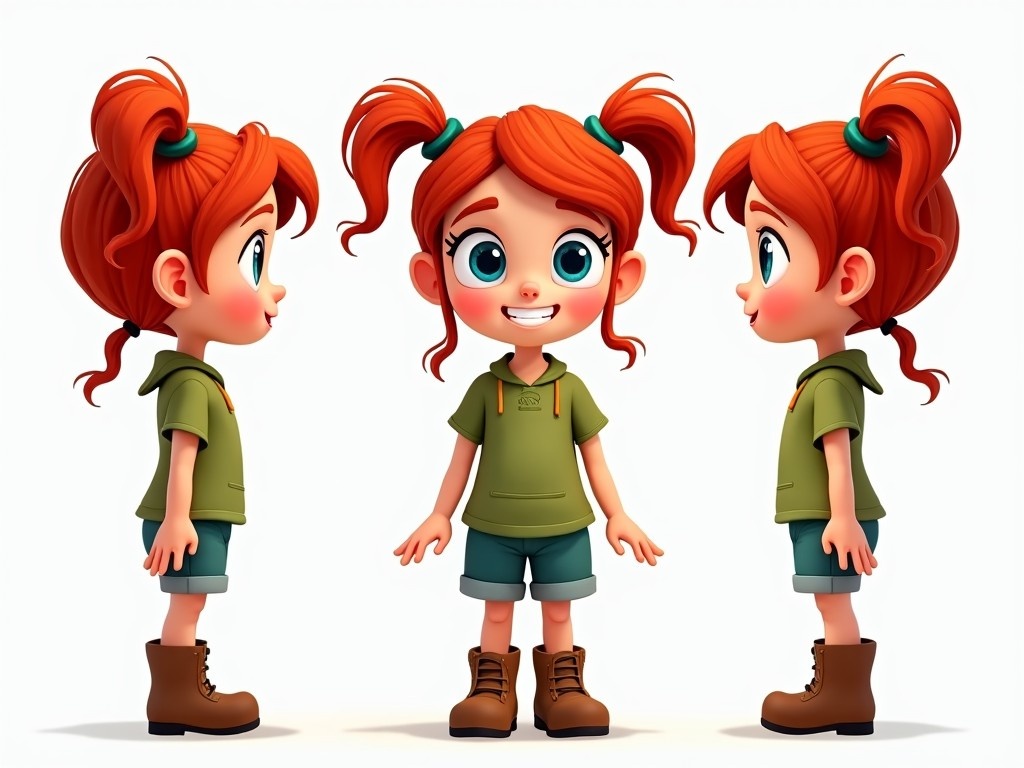 This image features a cute cartoon character of a young adventurous girl depicted from three different angles. She has red hair styled in pigtails and large expressive blue eyes. The girl is wearing a green explorer's outfit, complete with shorts and sturdy boots. Her cheerful demeanor shows a sense of excitement and wonder. This illustration possibly represents themes of exploration and curiosity, appealing to children's sense of adventure.