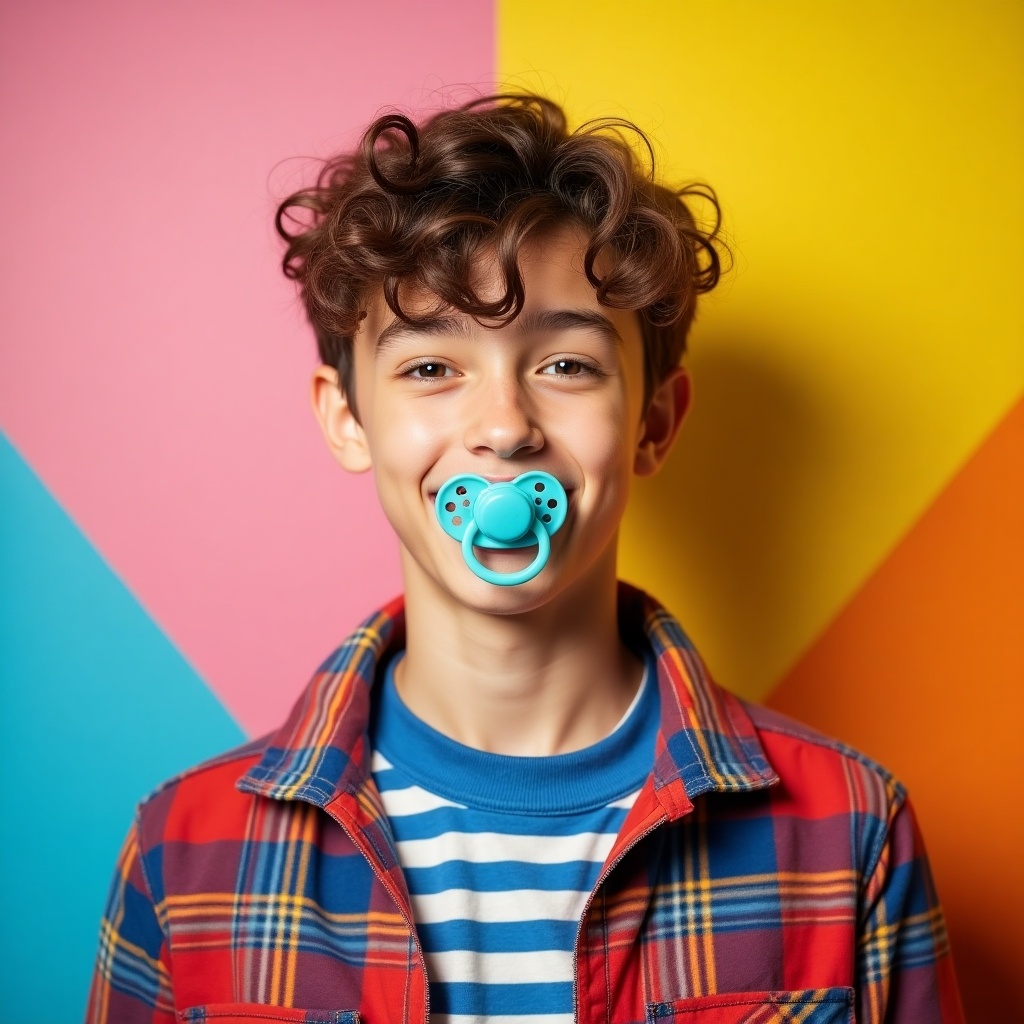 A teenage boy wearing a checkered jacket poses with a pacifier in his mouth. Bold geometric colored background of pink, yellow, and orange.