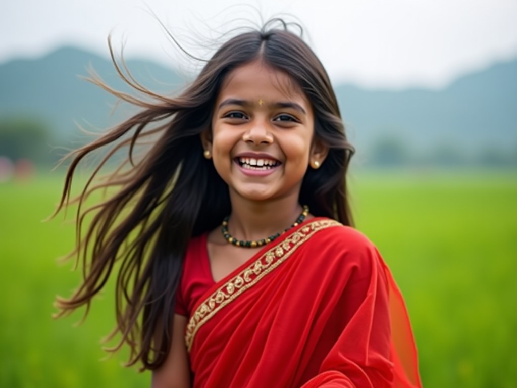 A young girl is standing in a lush green field, wearing a vibrant red saree. Her hair is flowing gently in the wind, and she has a bright smile on her face. The background features soft hills or mountains, contributing to a serene atmosphere. The image captures the joyful spirit of childhood and celebrates cultural attire. Natural lighting enhances the colors and the cheerful expression on her face.