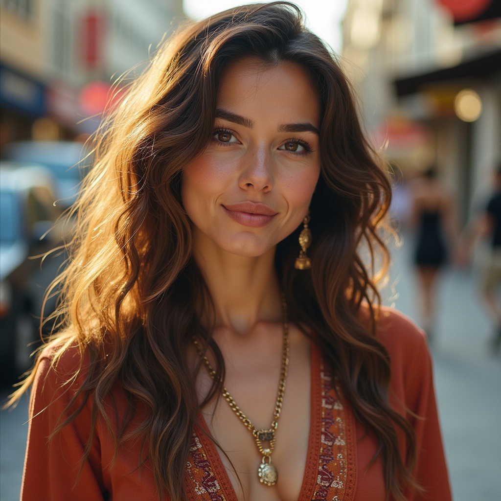 The image features a young woman with long, wavy hair, standing in an urban setting. She is smiling gently, exuding confidence and charm. Her attire is stylish, with an emphasis on earthy tones that complement her skin tone. The background is blurred, indicating a bustling street, focusing attention on her expressive face. Her accessories include a necklace and earrings that add elegance to her look.