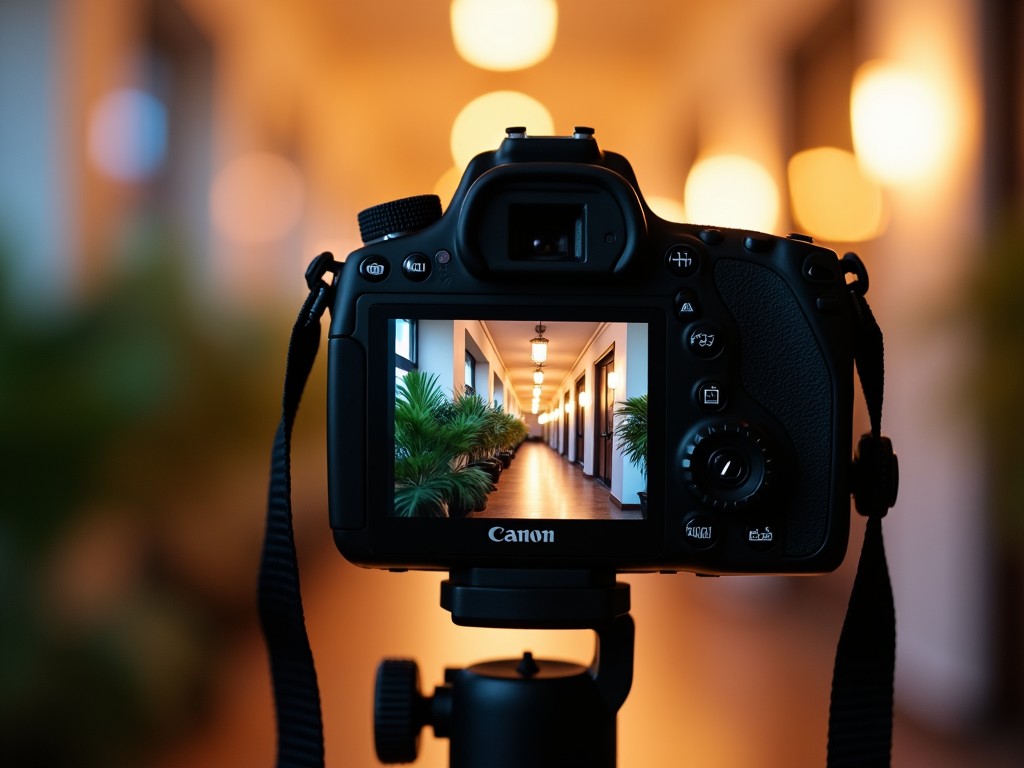 A close-up shot of a Canon camera mounted on a sturdy tripod. The camera's LCD screen displays an image of a beautifully lit hallway, lush with plants and warm lighting. The background is softly blurred, emphasizing the camera and its display. The warm tones create a cozy atmosphere, inviting viewers to appreciate both photography and interior design. This image highlights the relationship between technology and artistic expression in photography.