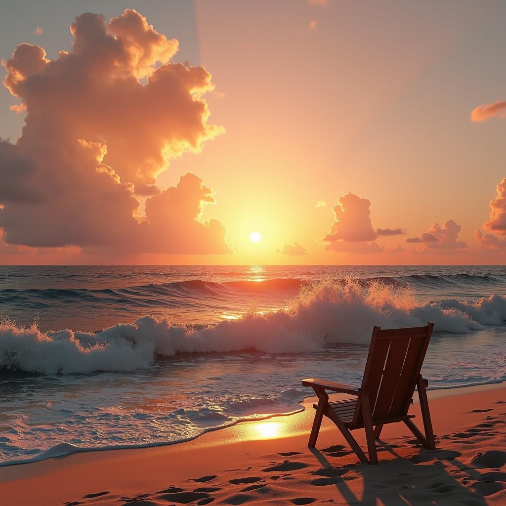 A wooden chair facing a stunning ocean sunset with waves crashing gently on the shore.