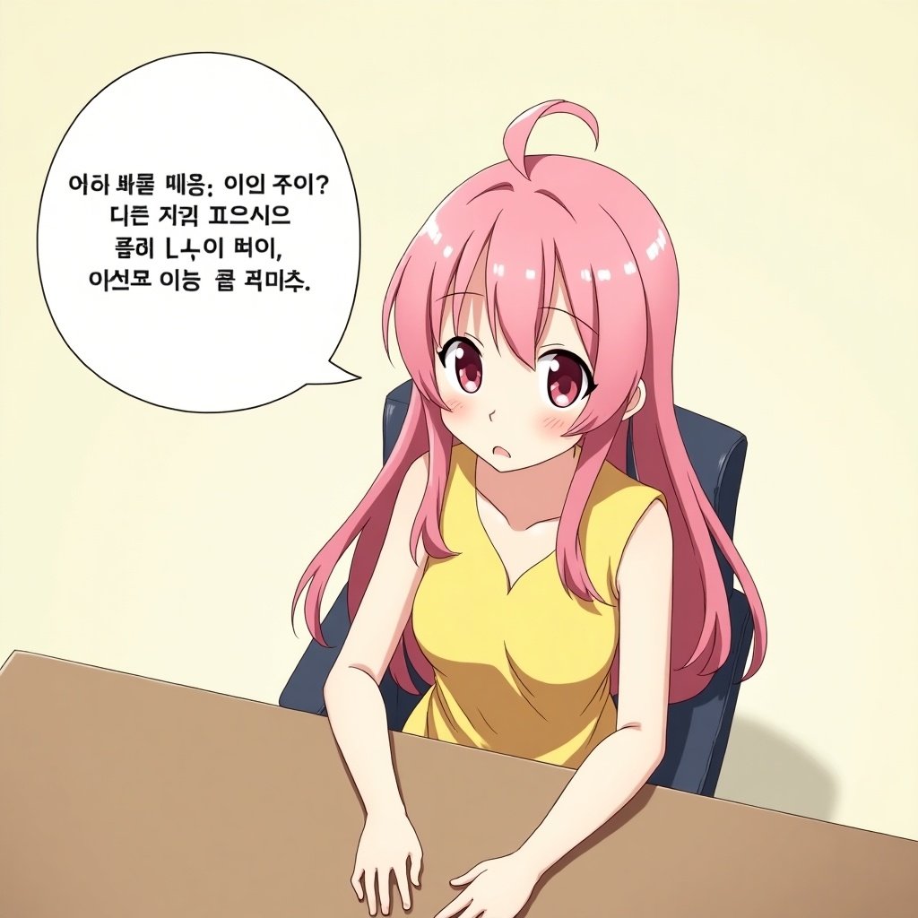 High angle view of a girl at a desk in an office. She has long pink hair and pink eyes. Wearing a yellow dress. Looks slightly surprised. Chat bubble in Korean. Minimalistic background with light and playful mood. Typical of anime art style.