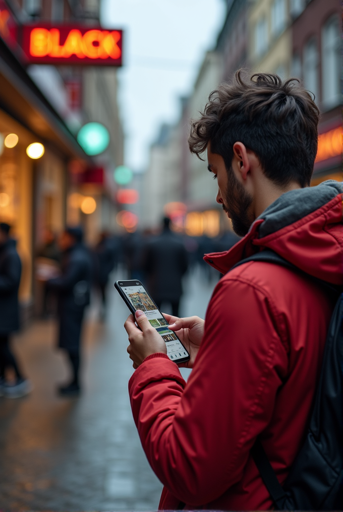 A person in a red jacket uses a smartphone on a bustling city street with vibrant neon signs and a blurry background.