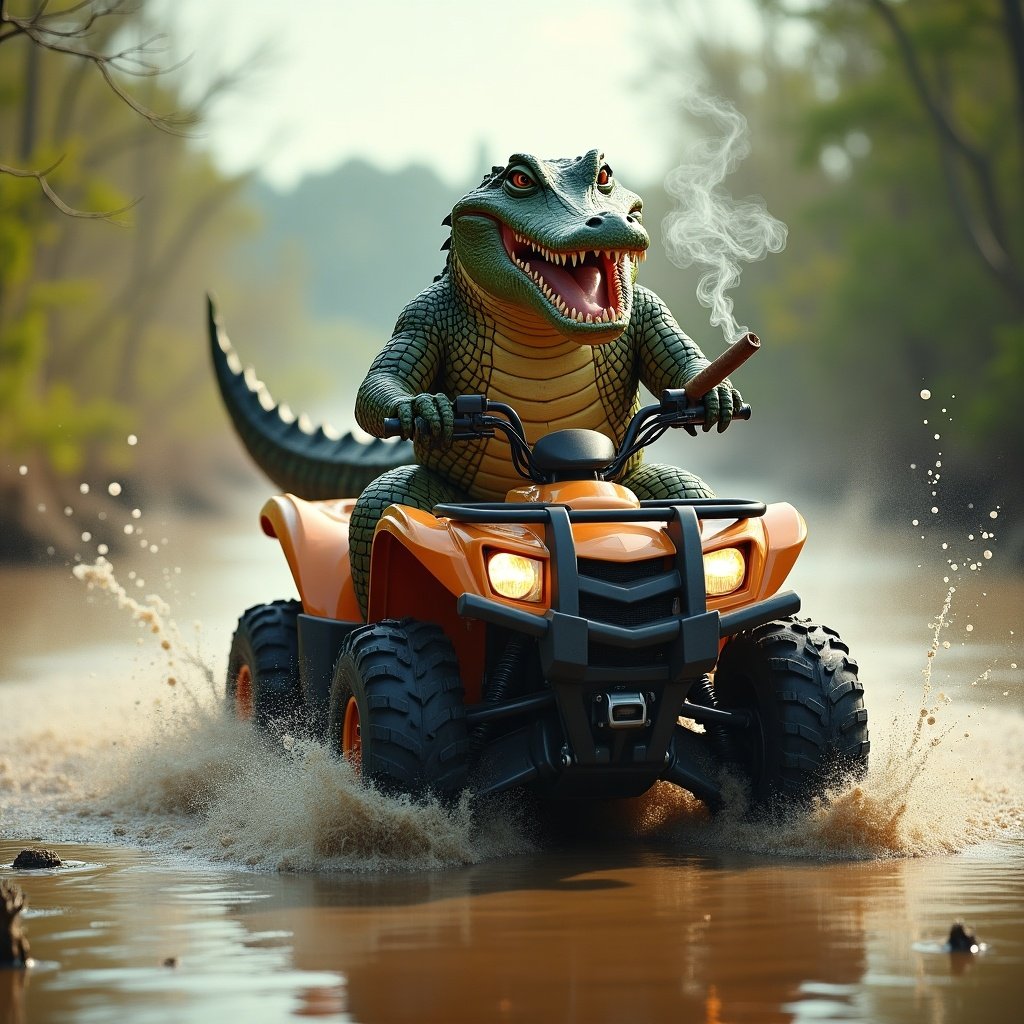 Alligator riding a four-wheeler through muddy swamps smoking a cigar. Water splashing around. Humor and adventure portrayed.