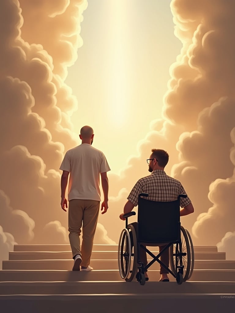 Heaven setting with a man in a wheelchair waiting for his son. The son is ascending the stairway wearing casual clothing. Soft clouds and light fill the background. The atmosphere is peaceful and full of joy. Both figures look happy and serene, capturing a moment of eternal reunion. The scene symbolizes love and connection beyond life.