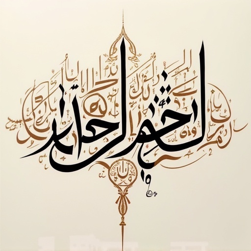 Create a calligraphic art piece in Diwani style featuring the text الإخلاص. The design should display intricate and elegant flourishes characteristic of Arabic calligraphy. Use a combination of black and gold colors on a neutral background for richness.