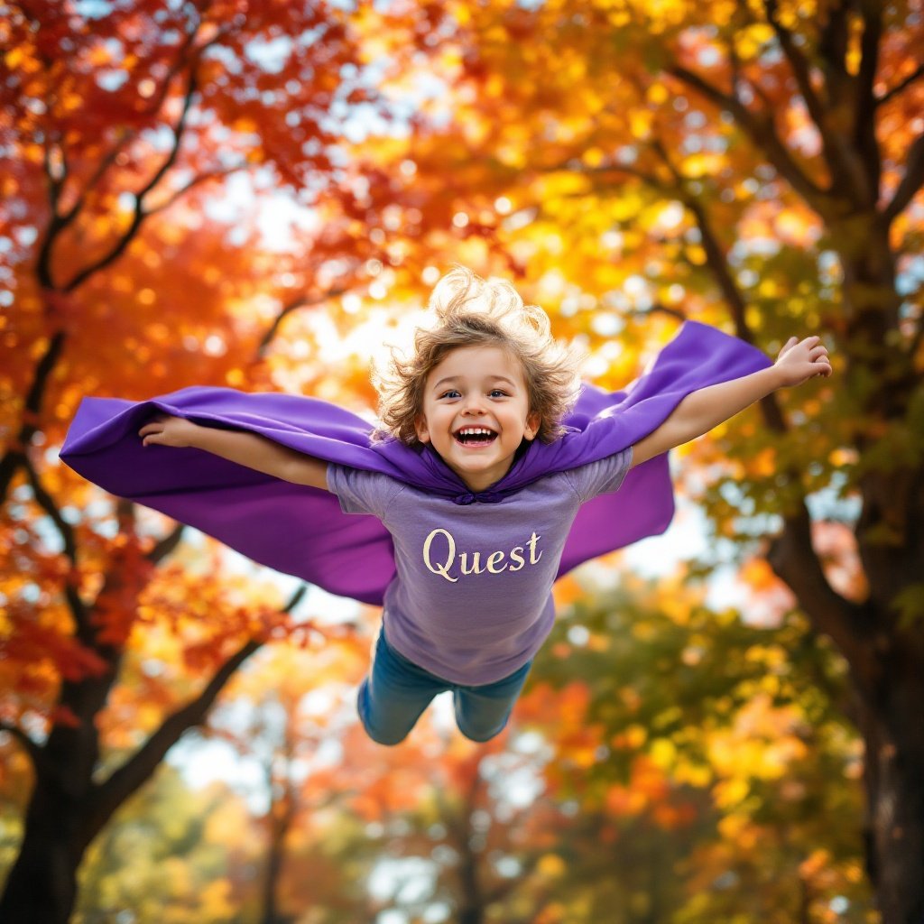 A joyful child full of wonder soars through majestic trees wearing a vibrant purple cape. The shirt shows the word Quest embroidered across the front. Trees have colorful foliage in red orange yellow and green. Canopy dances in the breeze reflecting joy. The child giggles with delight in sunlight casting playful shadows through leaves.