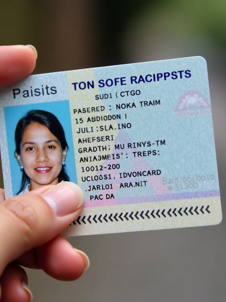 Passport ID card shown in a hand. The card contains various personal details for identification purposes.