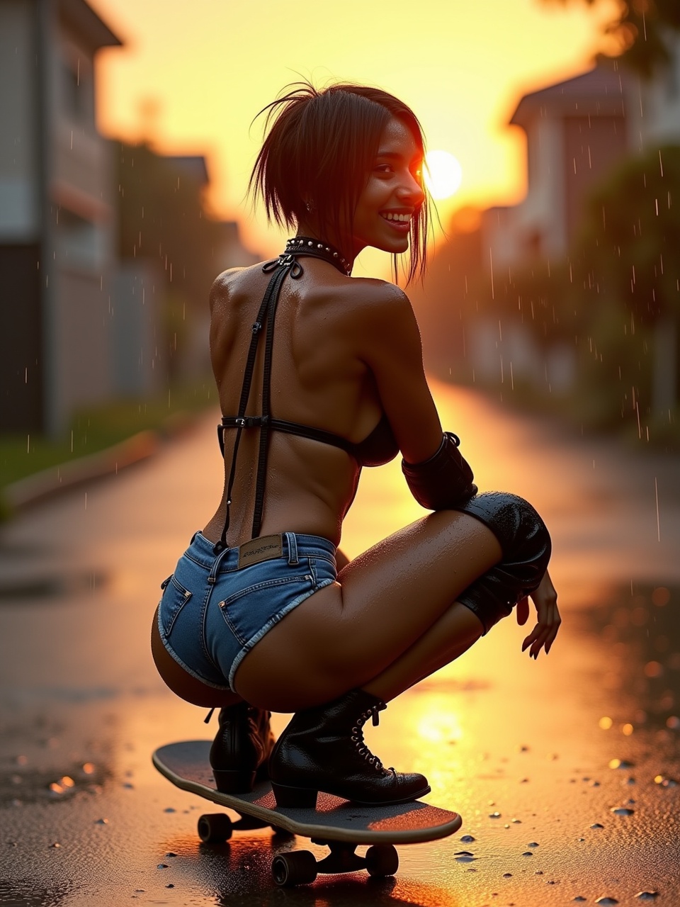 The image captures a young woman on a skateboard, styled in a fashionable outfit, with the sunset as a backdrop. She's squatting on the board, showcasing confidence and dynamic movement. The warm glow from the setting sun enhances her silhouette. Raindrops dot the scene, adding an element of freshness. The urban setting is visible in the background, with houses lining the street. The overall mood is vibrant and energetic, celebrating youth and freedom.