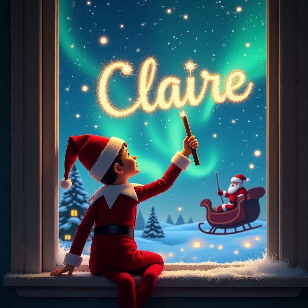 This image features a whimsical and enchanting Christmas scene with an elf sitting on a window ledge. The elf is facing the colorful northern lights and magically writing the name 'Claire' in sparkling letters. In the background, you can spot Santa Claus in his sleigh, enhancing the festive spirit. The elf, dressed in a classic red costume and pointed hat, embodies the holiday cheer. Snow decorates the window sill, completing this delightful winter wonderland.