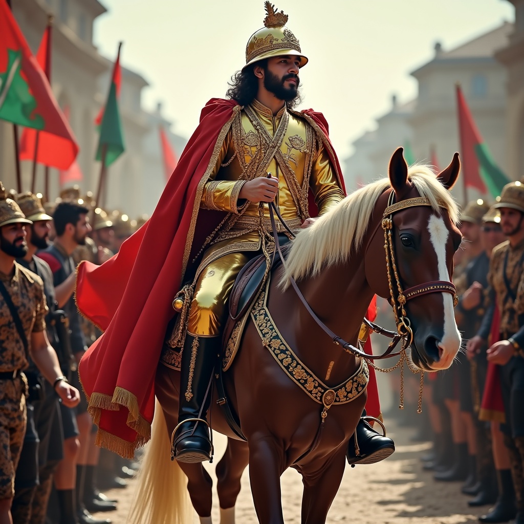 A victorious scene depicting Louis XV in golden armor riding a horse during a celebration. The backdrop features soldiers and festive flags. The atmosphere is lively with an emphasis on victory and historical significance.