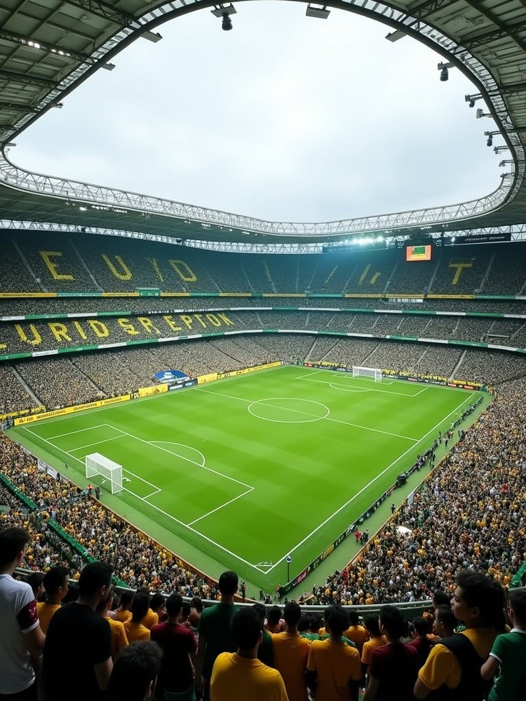 Large modern soccer stadium filled with thousands of fans wearing green white and gold colours. Spectators create a vibrant sea of color. Lush green soccer field marked with white lines. Sleek and contemporary stadium design with a partially covered roof allowing natural light. Electric atmosphere for a high-profile match. Slightly overcast sky adds to the dramatic setting.