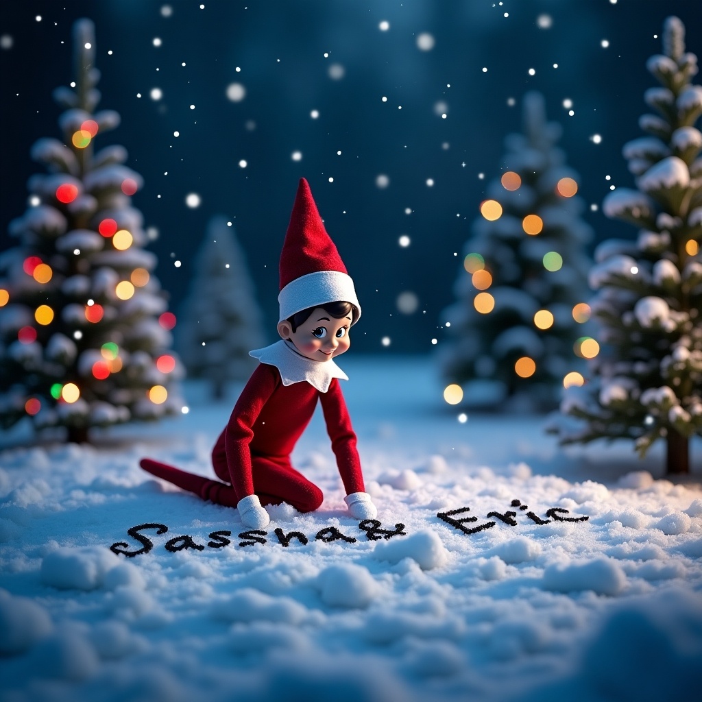 Elf character in a snowy landscape at night. Elf writing 'Sasha & Eric' in the snow. Colorful Christmas trees in the background. Soft snowflakes falling. Magical winter atmosphere.