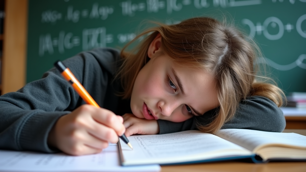 A young girl intensely studies a textbook in a classroom with a chalkboard full of math equations.