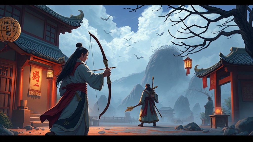 A samurai archer approaches another figure in a traditional Japanese village set against a mountainous background.