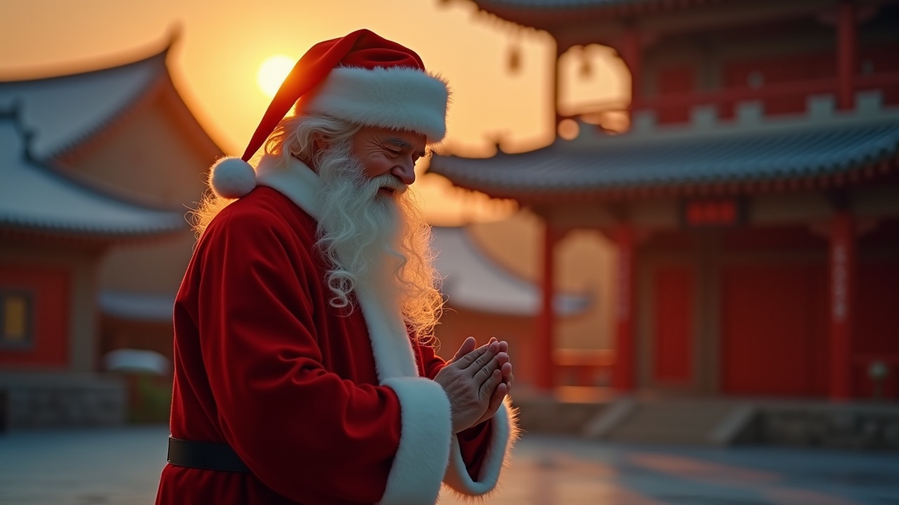 Cinematic image featuring Santa standing before a traditional Chinese temple. Santa smiles and bows. The image captures the warm light of the magic hour, showcasing cultural respect. Hyper-realistic style, shot on Arriflex.