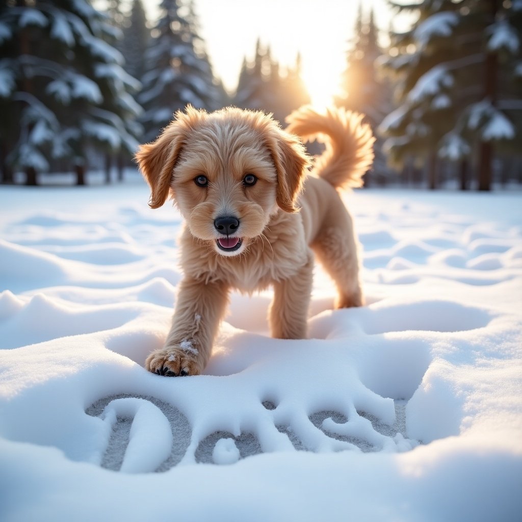 A Cockapoo puppy playing in snow with its name 'Daisy' written in the snow. Soft sunlight casts warmth on the scene. Surrounded by trees.