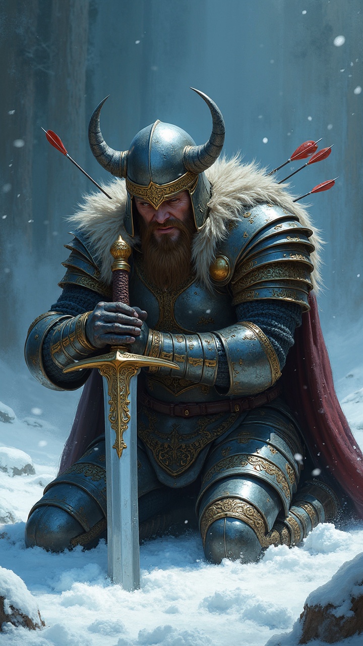 The image features a warrior clad in intricately detailed armor, taking a knee in a snow-covered landscape. The warrior wears a helmet with horns and a fur-lined cape, conveying a sense of strength and resilience. Red-fletched arrows pierce his armor, yet he grips a large sword, suggesting dedication and unwavering spirit amidst adversity.