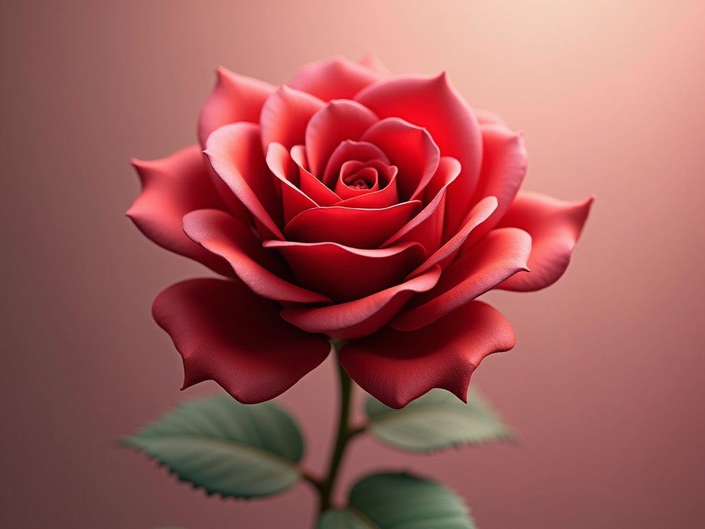 A vibrant red rose stands out in this close-up image, showcasing its intricately layered petals against a soft, blurred pinkish-brown background. The lighting is subtle yet effective, highlighting the rose's velvety texture and its natural gradient from a deep scarlet to a lighter hue towards the edges. The green leaves provide a gentle contrast, enhancing the rose's passionate appearance.