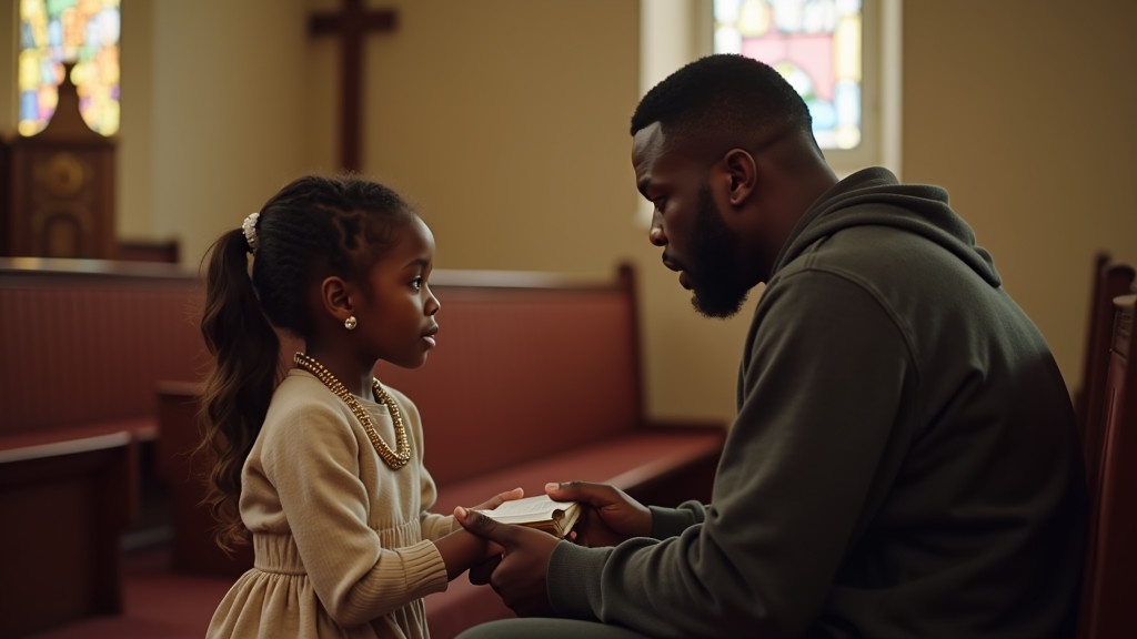 Father and daughter in church sitting together. They are holding a bible. Warm lighting in a religious setting. Focused emotional moment.