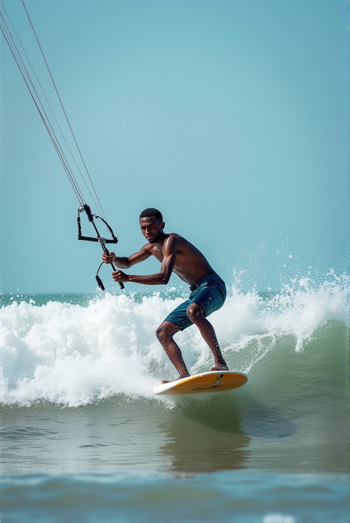 A person skillfully kite surfing, balancing on a board as waves crash around.