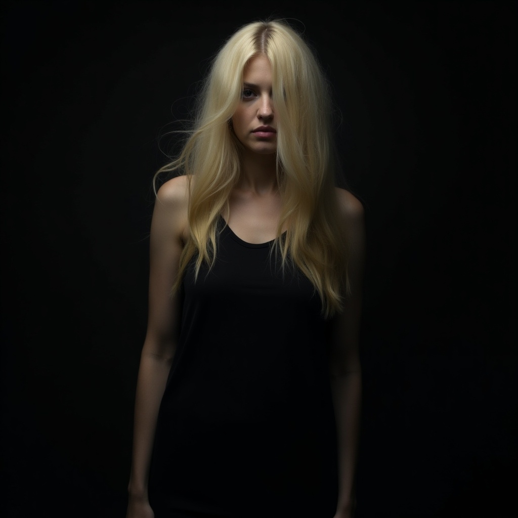 A woman with long blonde hair stands against a dark background. Image conveys mystery and elegance.