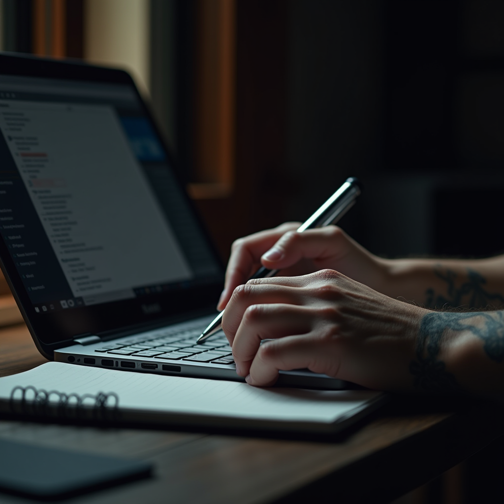 A person writes in a notebook while using a laptop on a wooden desk.