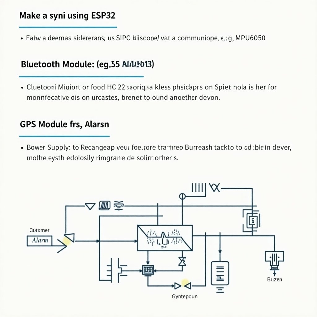 Create a schematic diagram featuring ESP32 with gyroscope MPU6050 and Bluetooth Module HC-05. Include optional GPS Module for location tracking. Add Buzzer for alerts and Power Supply options like rechargeable batteries or USB.