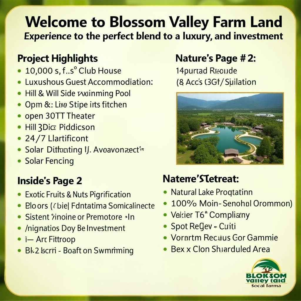 Promotional image for Blossom Valley Farm Land. Highlights nature luxury investment opportunities. Features lavish amenities and beautiful landscape. Inviting atmosphere with security and ecological considerations.