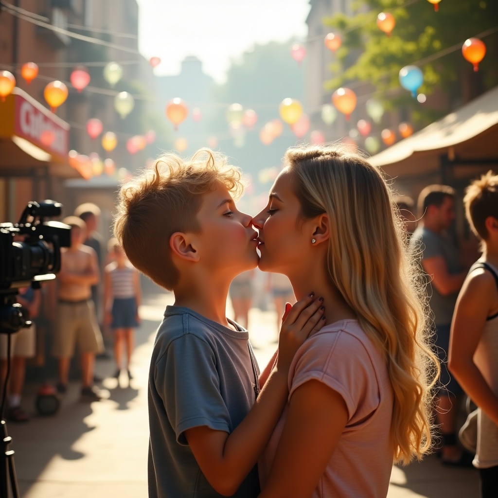 Boy kisses woman on the cheek in summer setting. Scene is set in a lively filming studio with decorations. Natural warm light enhances the joyful mood. Focus on their affectionate connection and surrounding summer atmosphere.