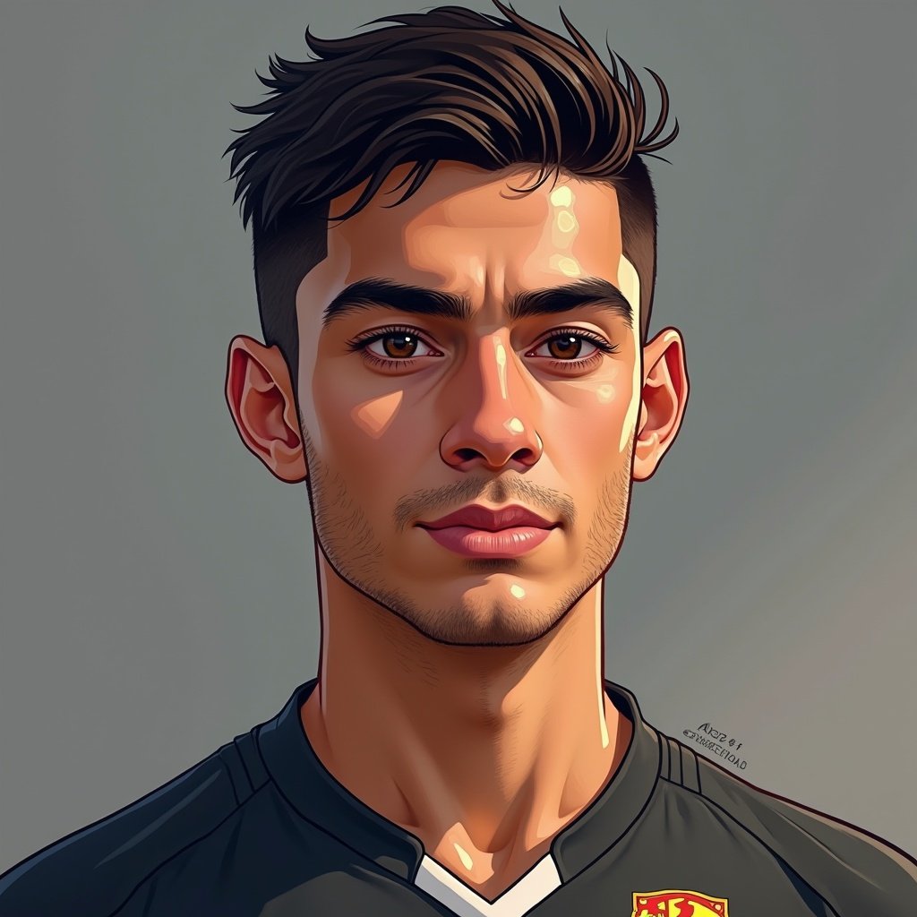 Digital portrait of a young male soccer player. Character has short dark hair and a serious expression. Wearing a black jersey with a logo. Realistic art style.