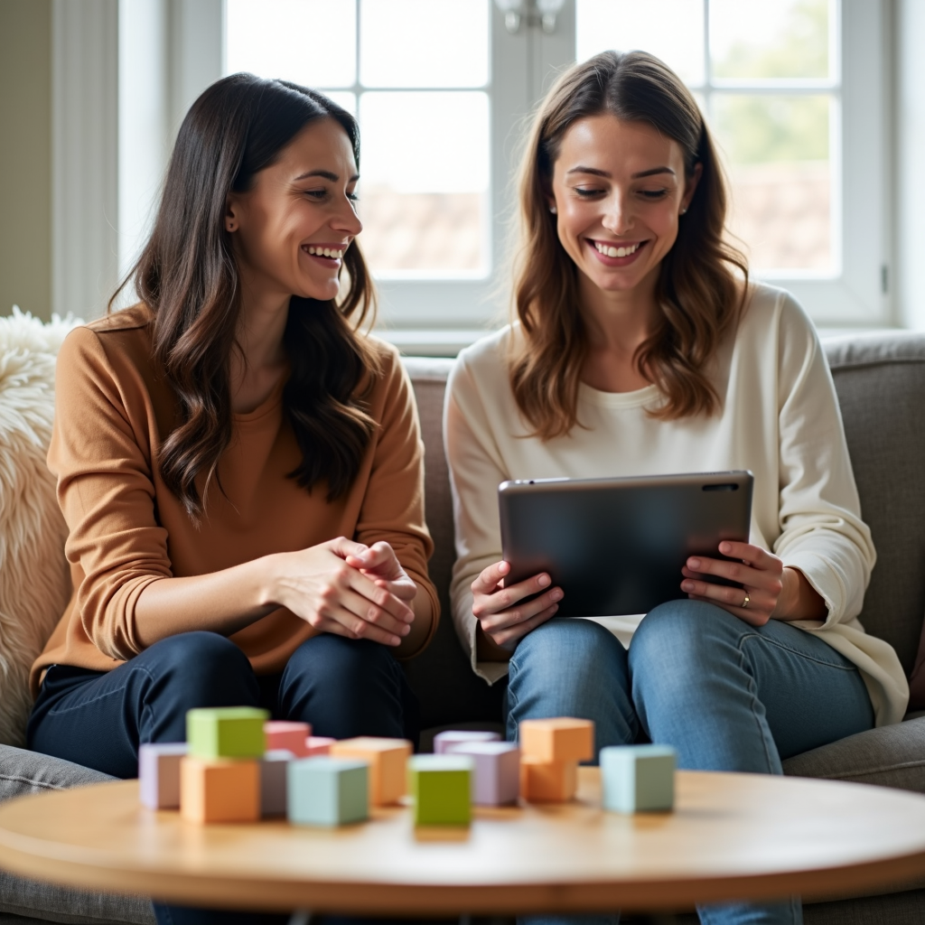 Two women enjoy a relaxed moment on the couch with a tablet, surrounded by colorful blocks.