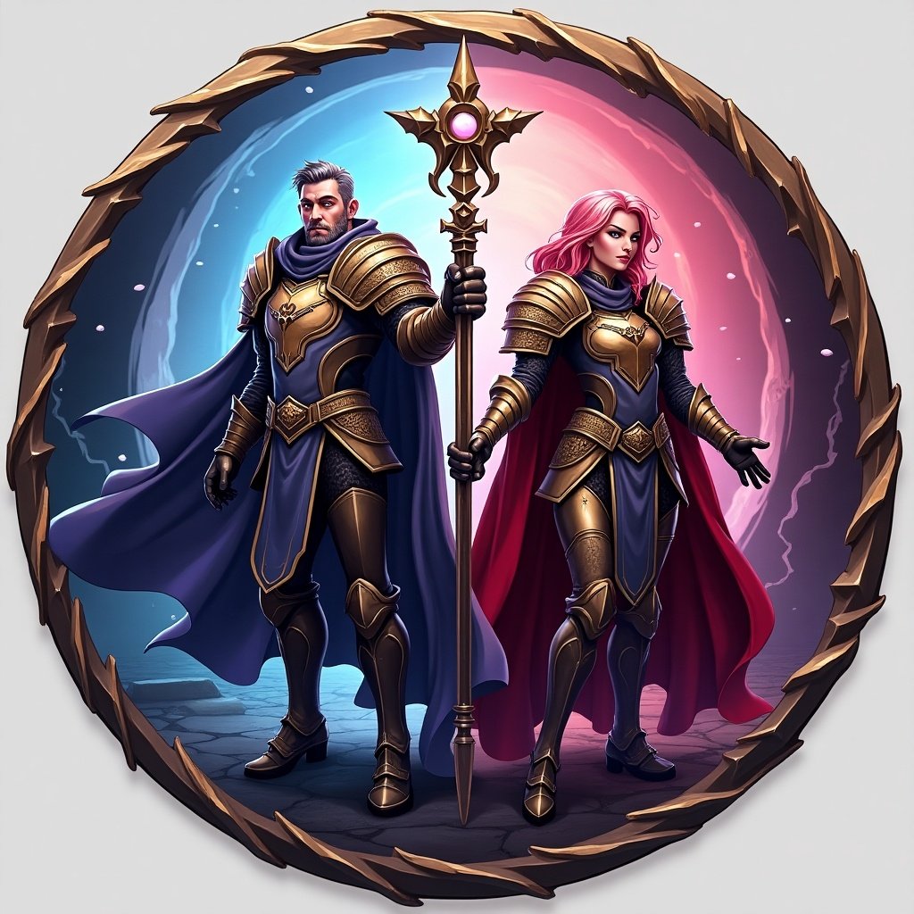 Create a badge design featuring characters from Lords Mobile game. It should include Oath Keeper and Rose Knight as heroes. Include a background with elements from the game such as monsters. Design dimensions must be suitable for production. Use CMYK color mode.