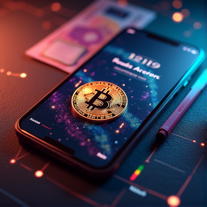 An illuminated smartphone displays a 'Phone Alert' while a physical Bitcoin rests atop it, with a pen and documents in the background, set against a futuristic financial theme.