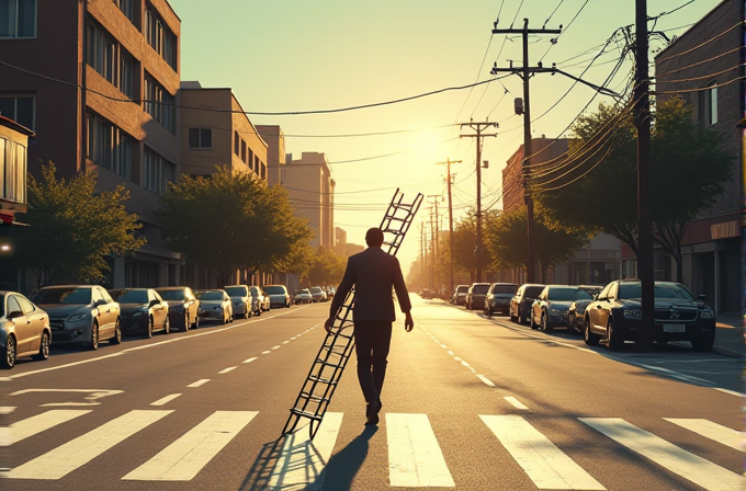 A person walks down an empty city street at sunset carrying a ladder.